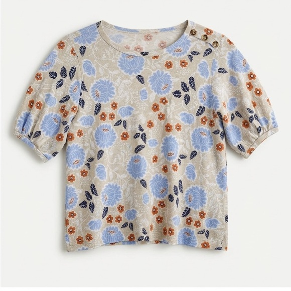 LOFT Tops - LOFT Beige Floral Short-Sleeve Puff Top with Blue and Rust Flowers